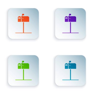 Renk Açık posta kutusu simgesi beyaz arkaplanda izole edildi. Posta kutusu simgesi. Posta kutusunda bayrak var. Renkli kare düğmelere simgeleri yerleştir. Vektör İllüstrasyonu