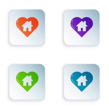 Beyaz arkaplanda izole edilmiş kalp şekli simgesi olan Renk Evi. Aşk ev sembolü. Aile, emlak ve gayrimenkul. Renkli kare düğmelere simgeleri yerleştir. Vektör İllüstrasyonu
