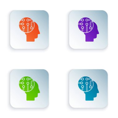 Beyaz arkaplanda izole edilmiş dijital devre kartı simgesi olarak insan beynini renklendir. İçinde devre çizgileri olan insan kafası. Renkli kare düğmelere simgeleri yerleştir. Vektör İllüstrasyonu