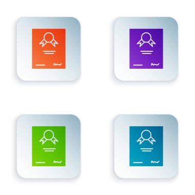 Renk Sertifikası şablon simgesi beyaz arkaplanda izole edildi. Başarı, ödül, diploma, burs, diploma. İş başarısı sertifikası Renkli kare düğmelere simgeleri yerleştir. Vektör İllüstrasyonu