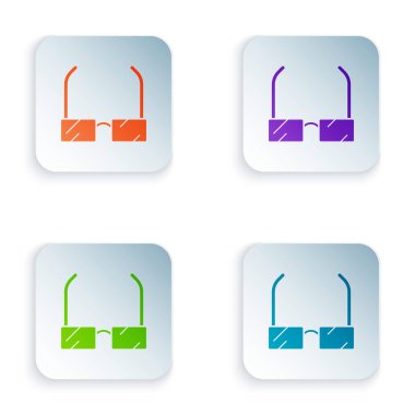 Beyaz arkaplanda izole edilmiş renkli gözlük simgesi. Gözlük çerçevesi sembolü. Renkli kare düğmelere simgeleri yerleştir. Vektör İllüstrasyonu