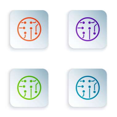 Renk İşlemci simgesi beyaz arkaplanda izole edildi. İşlemci, merkezi işlem birimi, mikroçip, mikro devre, bilgisayar işlemcisi, çip. Renkli kare düğmelere simgeleri yerleştir. Vektör İllüstrasyonu