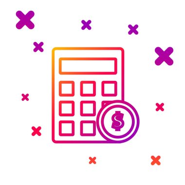 Dolar sembolü simgesi olan renk çizgisi hesap makinesi beyaz arkaplanda izole edilmiş. Para tasarrufu konsepti. Muhasebe sembolü. Kademeli rastgele dinamik şekiller. Vektör İllüstrasyonu