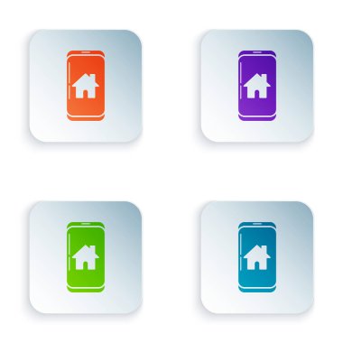 Beyaz arka planda izole akıllı ev simgesi ile Renkli Cep telefonu. Uzaktan kumanda. Simgeleri renkli kare düğmelere ayarlayın. Vektör İllüstrasyonu
