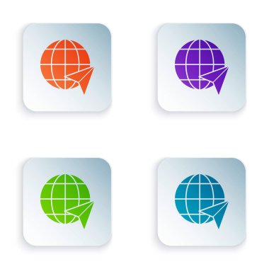 Beyaz arkaplanda izole edilmiş dünya simgesindeki renk konumu. Dünya ya da Dünya işareti. Renkli kare düğmelere simgeleri yerleştir. Vektör İllüstrasyonu