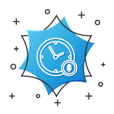 Beyaz Çizgi Saati, beyaz arkaplanda izole edilmiş para simgesidir. Para zamandır. Etkili zaman yönetimi. Zamanı paraya çevir. Mavi altıgen düğmesi. Vektör İllüstrasyonu