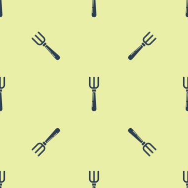 Mavi Çatal simgesi sarı arkaplandaki kusursuz deseni izole etti. Çatal bıçak sembolü. Vektör İllüstrasyonu