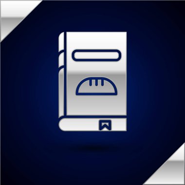 Gümüş yemek kitabı simgesi koyu mavi arkaplanda izole edilmiş. Yemek kitabı ikonu. Yemek tarifi kitabı. Çatal ve bıçak ikonları. Çatal bıçak sembolü. Vektör İllüstrasyonu