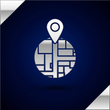 Harita kağıdındaki gümüş tutucu koyu mavi arka planda izole edilmiş perspektif simgesi. Vektör İllüstrasyonu