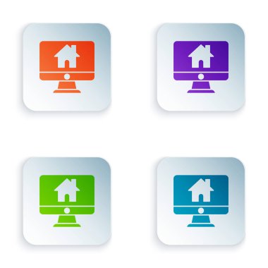 Beyaz arka planda yalıtılmış akıllı ev simgesine sahip Renkli Bilgisayar monitörü. Uzaktan kumanda. Simgeleri renkli kare düğmelere ayarlayın. Vektör İllüstrasyonu
