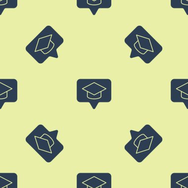 Konuşma baloncuğu simgesinde mavi mezuniyet şapkası sarı arkaplandaki kusursuz deseni izole etti. Tassel ikonlu mezuniyet şapkası. Vektör İllüstrasyonu