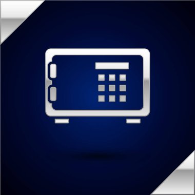 Koyu mavi arka planda yalıtılmış Silver Safe simgesi. Kapı kasası, kombine kilidi olan bir banka kasası. Güvenilir veri koruması. Vektör İllüstrasyonu