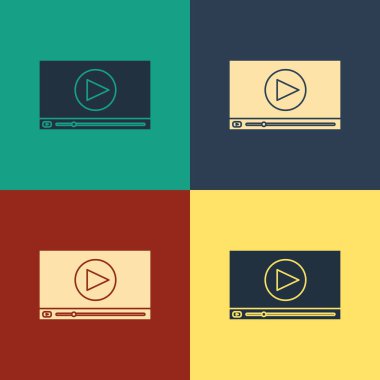 Renk arkaplanı üzerinde Renk Çevrimiçi video simgesi izole edildi. Oyun işaretli film şeridi. Klasik tarzda çizim. Vektör İllüstrasyonu