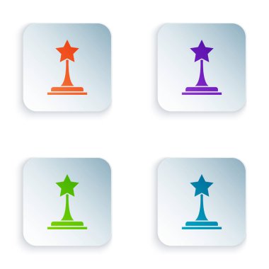 Renkli Film ödülü simgesi beyaz arkaplanda izole edildi. Akademi ödülü ikonu. Filmler ve sinema sembolü. Renkli kare düğmelere simgeleri yerleştir. Vektör İllüstrasyonu