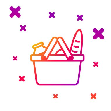Renkli alışveriş sepeti ve beyaz arka planda izole edilmiş yiyecek ikonu. Yiyecek dükkanı, süpermarket. Kademeli rastgele dinamik şekiller. Vektör İllüstrasyonu
