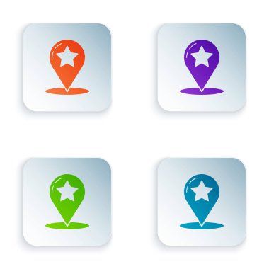 Beyaz arkaplanda yıldız simgesi izole edilmiş renk haritası işaretçisi. Yıldız favori iğne haritası simgesi. Harita işaretleyicileri. Renkli kare düğmelere simgeleri yerleştir. Vektör İllüstrasyonu