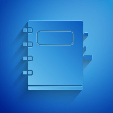 Kağıt kesiği Not Defteri simgesi mavi arkaplanda izole edildi. Spiral not defteri simgesi. Okul defteri. Yazı tahtası. Okul günlüğü. Kağıt sanatı tarzı. Vektör İllüstrasyonu