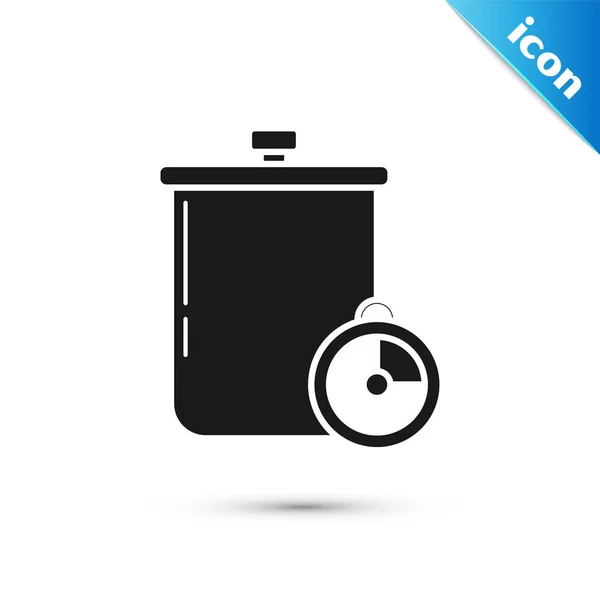 Black Cooking pot e ícone temporizador de cozinha isolado no fundo branco. Ferva ou guisado símbolo de comida. Ilustração vetorial — Vetor de Stock