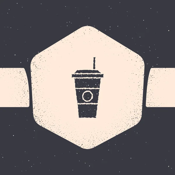 Grunge icono taza de café aislado sobre fondo gris. taza de café desechable con café caliente. Dibujo vintage monocromo. Ilustración vectorial — Archivo Imágenes Vectoriales