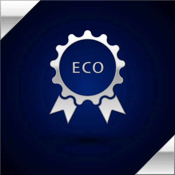 Zilveren Banner, label, label, logo voor eco groen gezond voedsel pictogram geïsoleerd op donkerblauwe achtergrond. Biologisch product. Gezonde voedselsticker. Vector Illustratie — Stockvector
