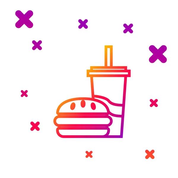 Línea de color Vidrio de papel con paja para beber e icono de hamburguesa aislado sobre fondo blanco. Signo de bebida de soda aqua. Hamburguesa, sándwich de hamburguesa con queso. Gradiente formas dinámicas aleatorias. Ilustración vectorial — Vector de stock