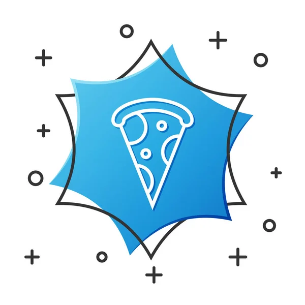 Белая линия Слайз пиццы иконка изолирована на белом фоне. Меню быстрого питания. Синяя шестиугольная кнопка. Векторная миграция — стоковый вектор