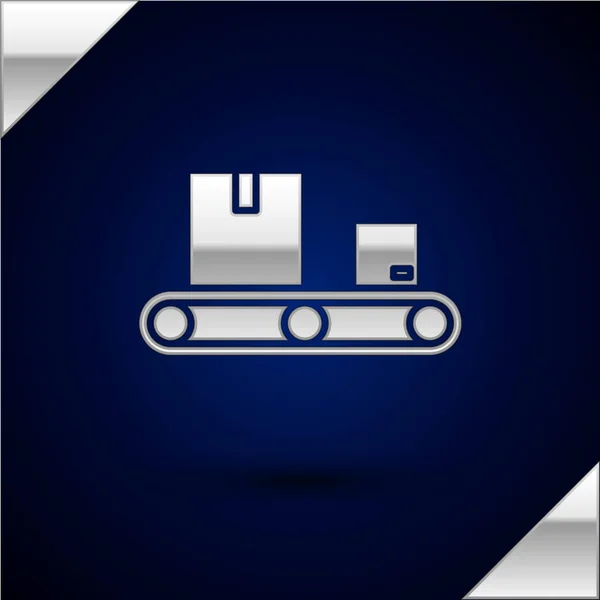 Correia transportadora prateada com ícone de caixa de papelão isolado no fundo azul escuro. Ilustração vetorial —  Vetores de Stock