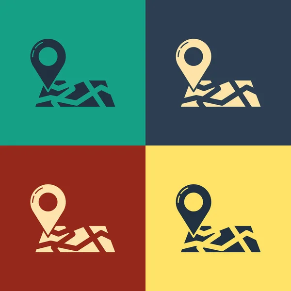 Color Mapa plegado con icono de marcador de ubicación aislado en el fondo de color. Dibujo de estilo vintage. Ilustración vectorial — Vector de stock