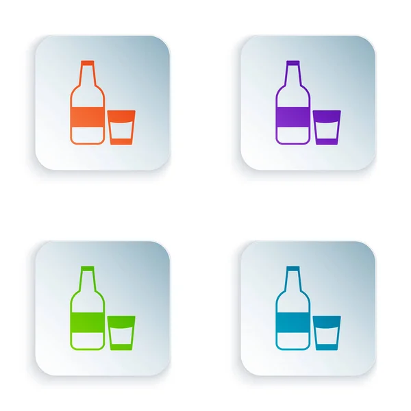 Cor Frasco de vidro fechado com leite e ícone de vidro isolado no fundo branco. Definir ícones em botões quadrados coloridos. Ilustração vetorial — Vetor de Stock
