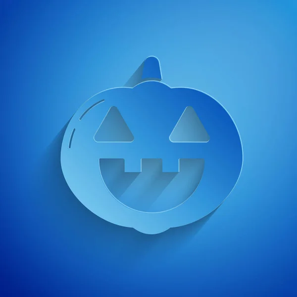 Papel cortado Ícone de abóbora isolado no fundo azul. Feliz festa de Halloween. Estilo de arte de papel. Ilustração vetorial — Vetor de Stock