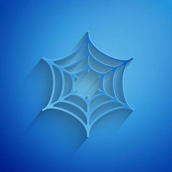 Paper cut Spider web icon isolated on blue background. Cobweb sign. Happy Halloween party. Paper art style. Vector Illustration — ストックベクタ