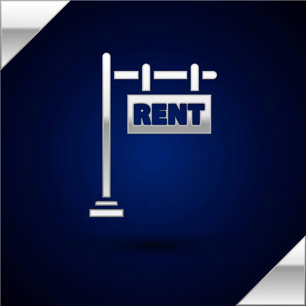 Silver Hanging sign with text Rent icon isolated on dark blue background. Signboard with text Rent. Vector Illustration — Stock Vector