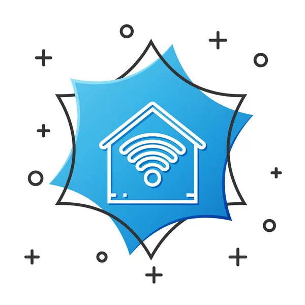 Línea blanca Hogar inteligente con icono wi-fi aislado sobre fondo blanco. Control remoto. Botón hexágono azul. Ilustración vectorial — Archivo Imágenes Vectoriales
