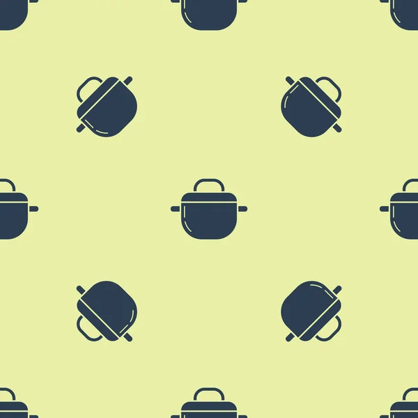 Blue Cooking pot ikona izolované bezešvé vzor na žlutém pozadí. Vařit nebo dušené jídlo symbol. Vektorová ilustrace — Stockový vektor