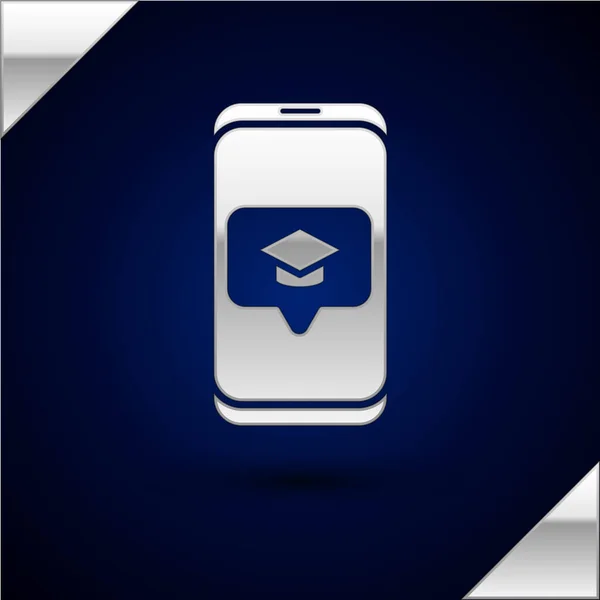 Berretto Silver Graduation sull'icona dello smartphone sullo schermo isolato su sfondo blu scuro. Concetto di apprendimento online o e-learning. Illustrazione vettoriale — Vettoriale Stock