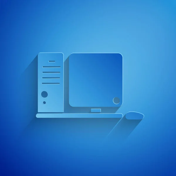 Monitor de computadora con teclado y ratón aislados sobre fondo azul. Signo de componente PC. Estilo de arte de papel. Ilustración vectorial — Vector de stock