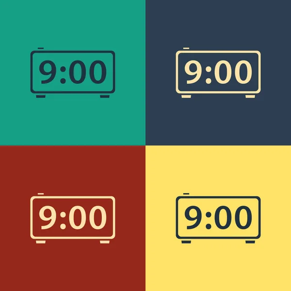 Färg Digital väckarklocka ikon isolerad på färg bakgrund. Elektronisk klocka väckarklocka. Tidsikonen. Teckning i vintagestil. Vektor Illustration — Stock vektor