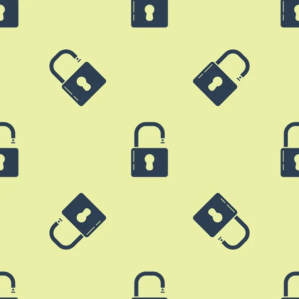 Blue Open hangslot pictogram geïsoleerd naadloos patroon op gele achtergrond. Open slot bord. Cybersecurity concept. Digitale gegevensbescherming. Veiligheid. Vector Illustratie — Stockvector