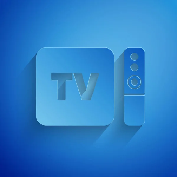 Χάρτινη κοπή Multimedia και TV box receiver και player με απομακρυσμένο εικονίδιο χειριστηρίου απομονωμένο σε μπλε φόντο. Στυλ χάρτινης τέχνης. Εικονογράφηση διανύσματος — Διανυσματικό Αρχείο