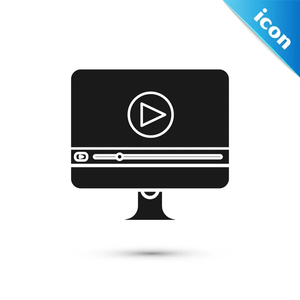 Black Online reproduzir ícone de vídeo isolado no fundo branco. Monitor de computador e tira de filme com sinal de jogo. Ilustração vetorial —  Vetores de Stock