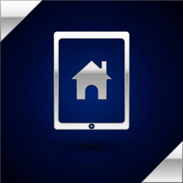 Tablet de prata e ícone de casa inteligente isolado no fundo azul escuro. Controlo remoto. Ilustração vetorial — Vetor de Stock