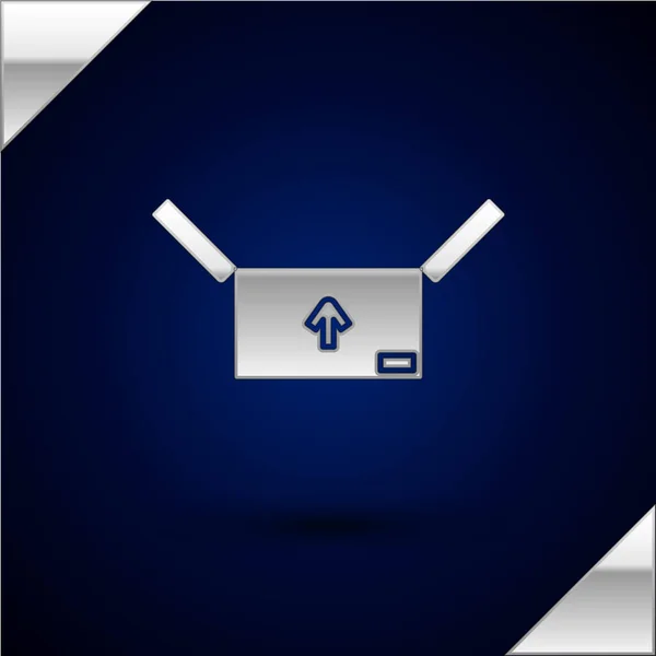Caja de cartón plateado con icono de símbolo de tráfico aislado sobre fondo azul oscuro. Caja, paquete, signo de paquete. Entrega, transporte y envío. Ilustración vectorial — Archivo Imágenes Vectoriales
