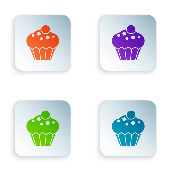 Kolor Muffin ikona izolowane na białym tle. Zestaw ikon w kolorowe kwadratowe przyciski. Ilustracja wektora — Wektor stockowy
