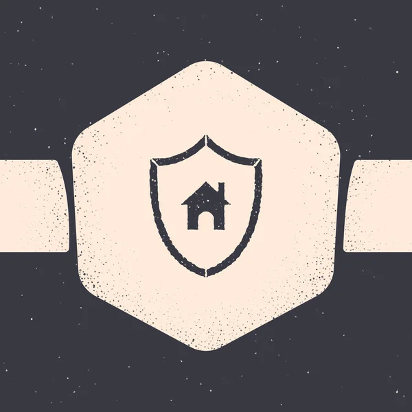 Grunge House with shield icon isolated on grey background. Insurance concept. Security, safety, protection, protect concept. Monochrome vintage drawing. Vector Illustration — Stock vektor