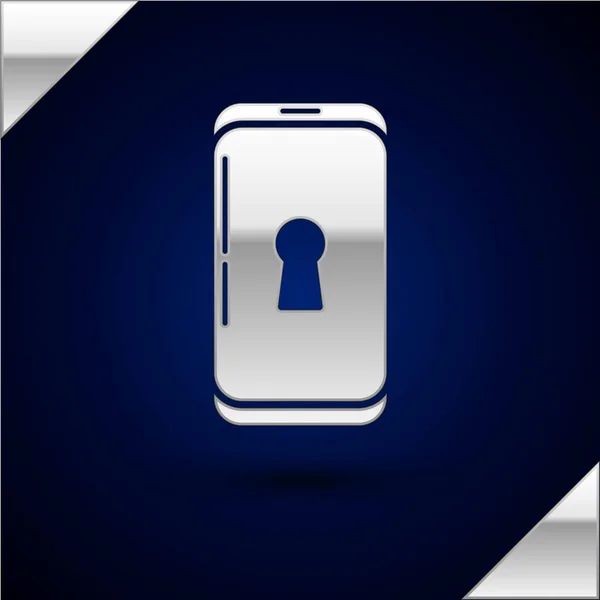 Zilveren Smartphone met slot pictogram geïsoleerd op donkerblauwe achtergrond. Telefoon met slot. Mobiele beveiliging, veiligheid, bescherming concept. Vector Illustratie — Stockvector