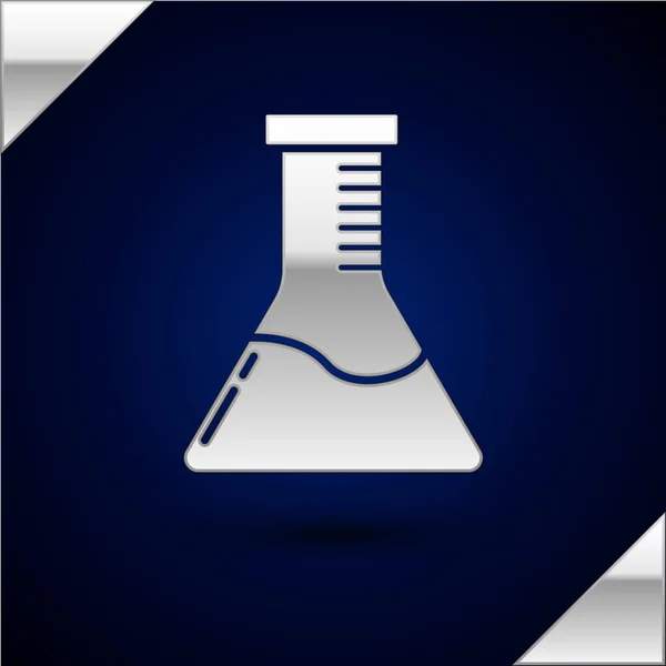 Tubo de ensayo de plata y frasco icono de prueba de laboratorio químico aislado sobre fondo azul oscuro. Signo de cristalería del laboratorio. Ilustración vectorial — Archivo Imágenes Vectoriales