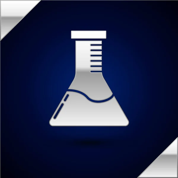 Tubo de ensayo de plata y frasco icono de prueba de laboratorio químico aislado sobre fondo azul oscuro. Signo de cristalería del laboratorio. Ilustración vectorial — Vector de stock