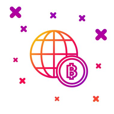 Renk çizgisi Globe ve kripto para birimi simgesi Bitcoin beyaz arka planda izole edildi. Madeni para. Engelleme zinciri tabanlı şifreli para birimi. Kademeli rastgele dinamik şekiller. Vektör İllüstrasyonu