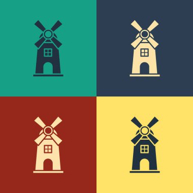 Renk arka planda yalıtılmış renk Yel Değirmeni simgesi. Vintage tarzı çizim. Vektör İllüstrasyonu