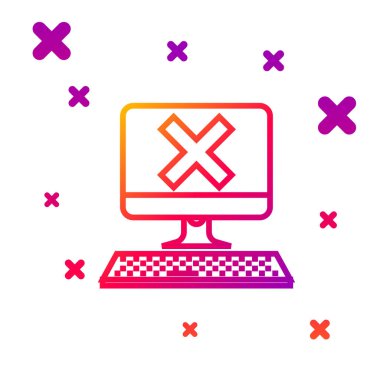 Klavye ve x işareti simgesine sahip renkli bilgisayar beyaz arkaplanda izole edildi. Hata penceresi, çıkış düğmesi, iptal, 404 hata sayfası konsept bulunamadı. Kademeli rastgele dinamik şekiller. Vektör İllüstrasyonu